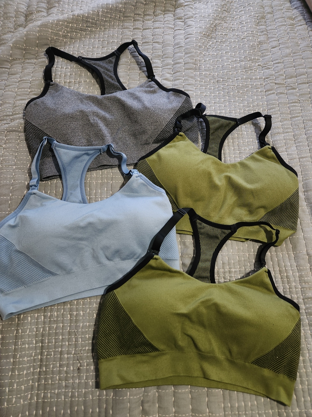 Auden Racerback Nursing Sports Bras in Light Blue, Olive & Gray